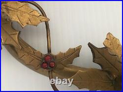 Vintage Brass Holiday Holly Christmas Advent Wreath Candle Holder