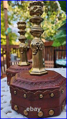 Vintage Brass Leather Table Candelabra Hollywood Regency Candle Holder