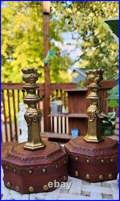 Vintage Brass Leather Table Candelabra Hollywood Regency Candle Holder