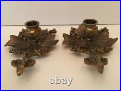 Vintage Brass Maple Leaf And Berries Taper Candlestick Holders Set Of 2