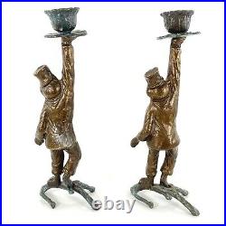 Vintage Brass Monkey Butler Candle Holder Candlesticks Pair 2 Green Patina