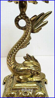 Vintage Brass Pair Lotus Flower Koi Dolphin Candle Holders 8.25 Pedestal Base