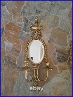 Vintage Brass Pair Wall Sconces with Mirror & Candle Holders