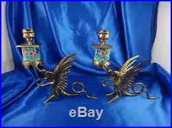 Vintage Brass Phoenix Cloisonne Candle Stick Holder Pair 8