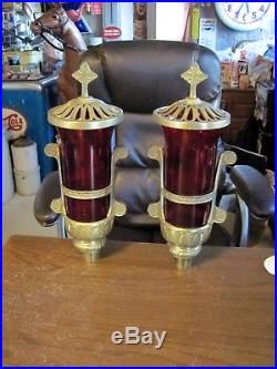 Vintage Brass Ruby Red Cross Crucifix Church Funeral Mortuary Candle Lights