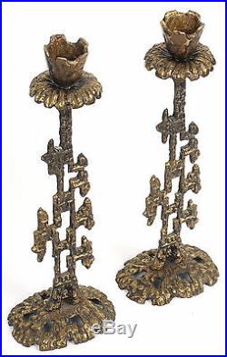 Vintage Brass Shabbat Candle Holder Sticks Israel Art 60s Judaica Shabbes Light