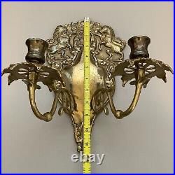 Vintage Brass Wall Sconce Candle Holders British Coat of Arms Lion Unicorn Pair