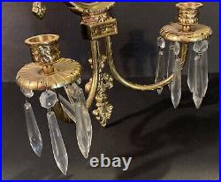 Vintage Brass Wall Sconce Pair With Mirrors, Two Candle Holder And Crystals 22