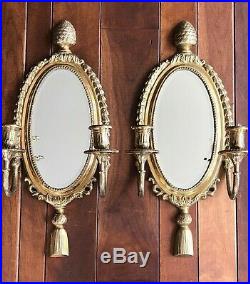 Vintage Brass and Beveled Mirror Candle Holder Wall Sconce Pair Pineapple Tassel