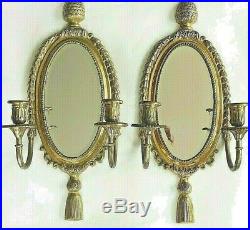 Vintage Brass and Beveled Mirror Candle Holder Wall Sconce Pair Pineapple Tassel