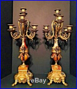 Vintage Brevettato Ornate Italian Brass and Sienna Rose Marble Cherub Candelabra