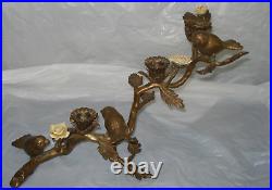 Vintage Bronze Birds and Porcelain Flowers candle holder