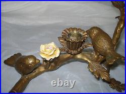 Vintage Bronze Birds and Porcelain Flowers candle holder