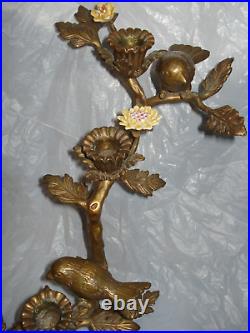 Vintage Bronze Birds and Porcelain Flowers candle holder