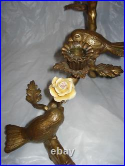 Vintage Bronze Birds and Porcelain Flowers candle holder