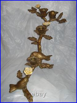 Vintage Bronze Birds and Porcelain Flowers candle holder