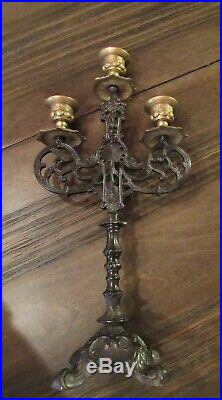 Vintage Bronze & Brass 3 Candle Candelabra Church Candlestick Gothic Cross