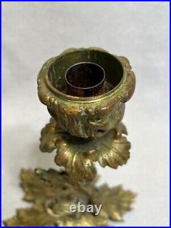 Vintage Bronze Brass Dragon Candlestick Holder with Leaf Shaped Base, 9 1/2 T