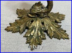 Vintage Bronze Brass Dragon Candlestick Holder with Leaf Shaped Base, 9 1/2 T