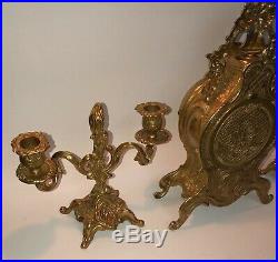Vintage Bronze/Brass Mantel Clock withBattery Powered, it Works +2 Candle Holders