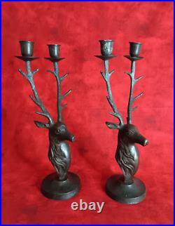 Vintage Bronze Brass Stag Candle Holders Pair Of 2