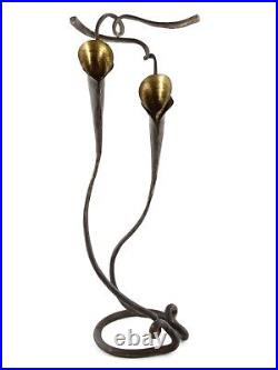 Vintage Brutalist Double Stem Calla Lilly Candle Holder Forged Steel & Brass