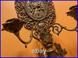 Vintage CHERUB Large Brass Double Arm WALL SCONCE Candle Holder 24 Ornate