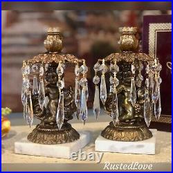 Vintage Candle Holders Brass hanging Crystals with Cherub on Dolphin a Pair RARE