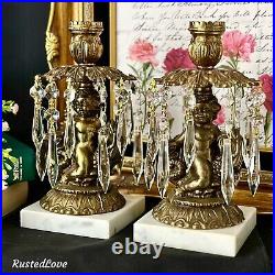 Vintage Candle Holders Brass hanging Crystals with Cherub on Dolphin a Pair RARE