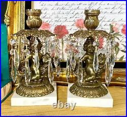 Vintage Candle Holders Brass hanging Crystals with Cherub on Dolphin a Pair RARE