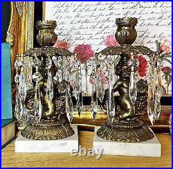 Vintage Candle Holders Brass hanging Crystals with Cherub on Dolphin a Pair RARE