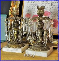 Vintage Candle Holders Brass hanging Crystals with Cherub on Dolphin a Pair RARE