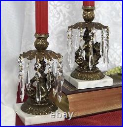 Vintage Candle Holders Brass hanging Crystals with Cherub on Dolphin a Pair RARE