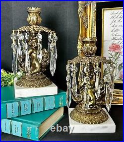 Vintage Candle Holders Brass hanging Crystals with Cherub on Dolphin a Pair RARE