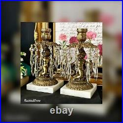 Vintage Candle Holders Brass hanging Crystals with Cherub on Dolphin a Pair RARE