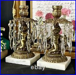 Vintage Candle Holders Brass hanging Crystals with Cherub on Dolphin a Pair RARE