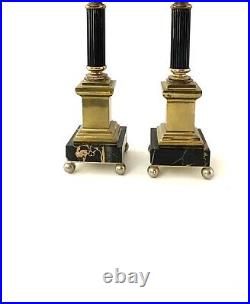 Vintage Candle Stick Holder Brass Marble Pair Empire Style MCM Decor