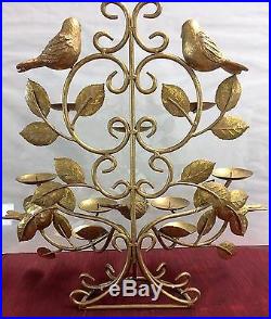 Vintage Candle Wall Sconce Gold 10 Pillar Tree Birds Leaves Metal Rare