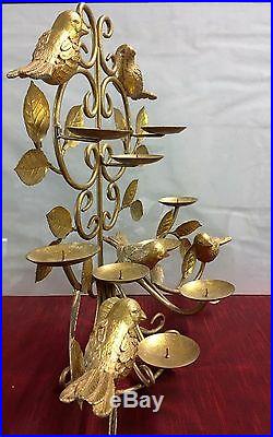 Vintage Candle Wall Sconce Gold 10 Pillar Tree Birds Leaves Metal Rare