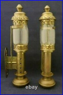 Vintage Candleholders Wall Sconce Lantern Brass Glass Hurricane Shade Set of 2