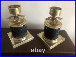 Vintage Candlestick HOLDERS Solid Brass Marble Glass Shades 15.75' Tall Set of 2