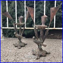 Vintage Cast Iron Bird Bath Calla Lilies Pedestal Pillar Candle Holders Set of 2