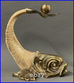 Vintage Chapman Brass Dolphin Koi Fish Faux Ram Horn Candle Holder 1982