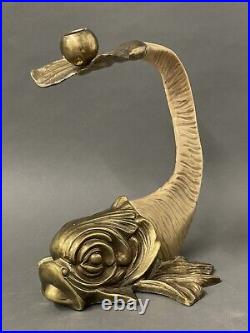 Vintage Chapman Brass Dolphin Koi Fish Faux Ram Horn Candle Holder 1982