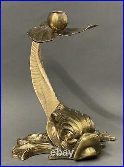 Vintage Chapman Brass Dolphin Koi Fish Faux Ram Horn Candle Holder 1982