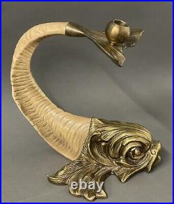 Vintage Chapman Brass Dolphin Koi Fish Faux Ram Horn Candle Holder 1982