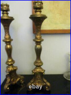 Vintage Church Altar Ornate Baroque 23-1/2 Tall Heavy Brass Candlesticks Pillar