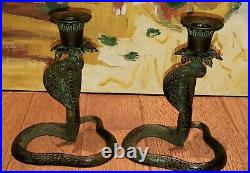 Vintage Cobra Snake Candle Holder Set Brass Etched Design Beautiful Patena