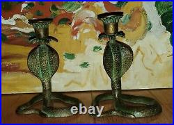 Vintage Cobra Snake Candle Holder Set Brass Etched Design Beautiful Patena