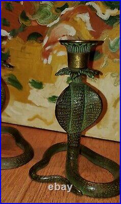 Vintage Cobra Snake Candle Holder Set Brass Etched Design Beautiful Patena